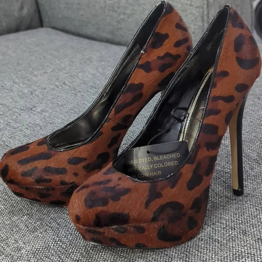 BAKERS Melina Leopard Print Cow Hair Fur Platform Heels Brown Black Wmns Sz 7.5